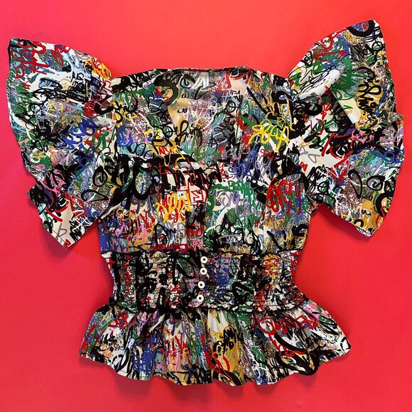 Graffiti Print Punk Top with Ruffled Sleeves, Size M – Bold and Edgy Statement - Picture 4 of 11